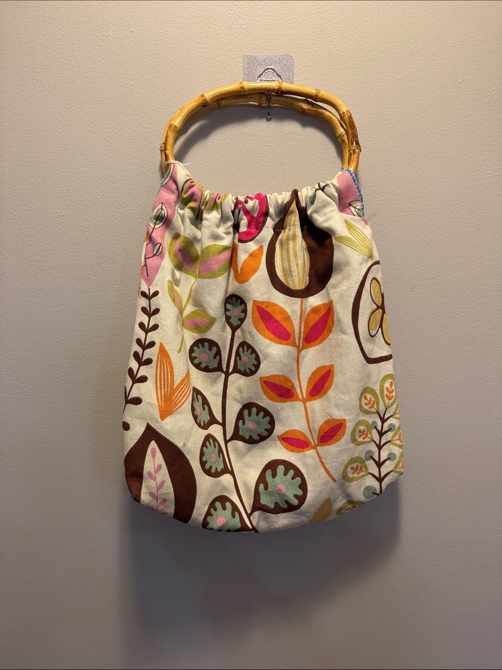 Bamboo Handle Floral Fabric Handbag Retro Boho Tote Purse